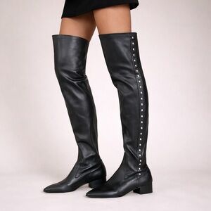 ZARA NWT Black Faux Leather Studded Knee High Boots Block Heel 11 /42